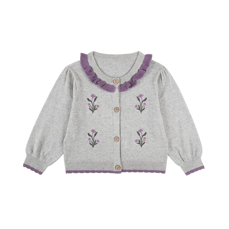 カーディガン・パーカー Light Grey / 90cm 長袖カーディガン 綿素材 刺繍 クルーネック フリル 北欧風【mh0011325】