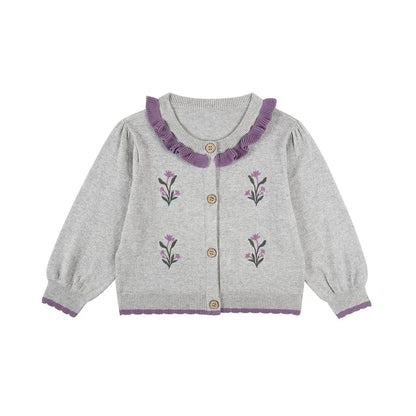 カーディガン・パーカー Light Grey / 90cm 長袖カーディガン 綿素材 刺繍 クルーネック フリル 北欧風【mh0011325】