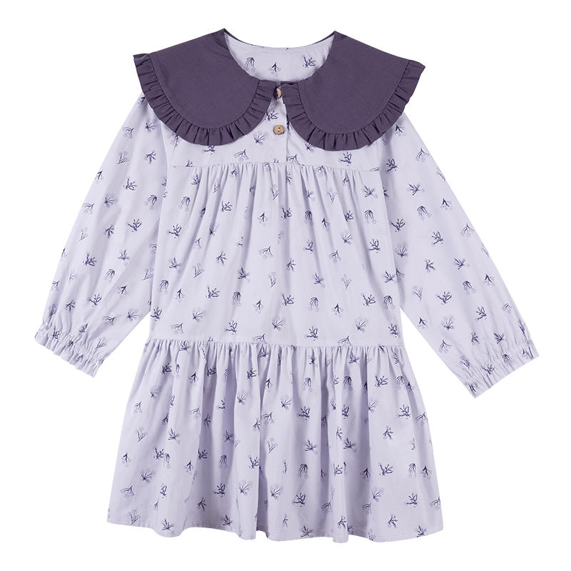 長袖ワンピース Light Purple / 90cm 長袖ワンピース 綿100% ビッグカラー 小花柄 プリンセスライン【mh0011333】