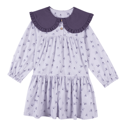 長袖ワンピース Light Purple / 90cm 長袖ワンピース 綿100% ビッグカラー 小花柄 プリンセスライン【mh0011333】