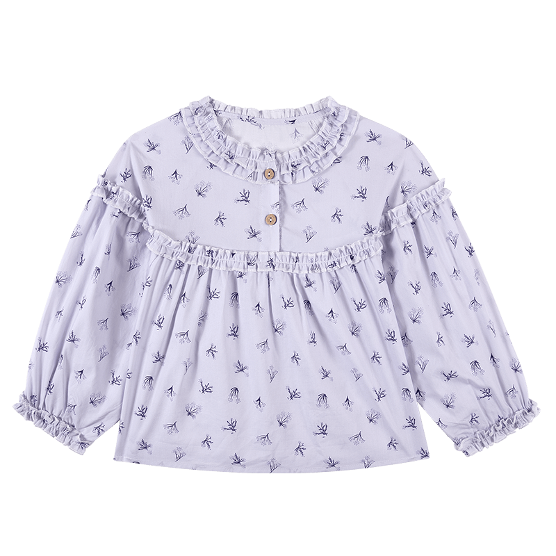 長袖シャツ・ブラウス Light Purple / 90cm 長袖ブラウス 綿100% 小花柄 フリルネック ゆるシルエット【mh0011334】