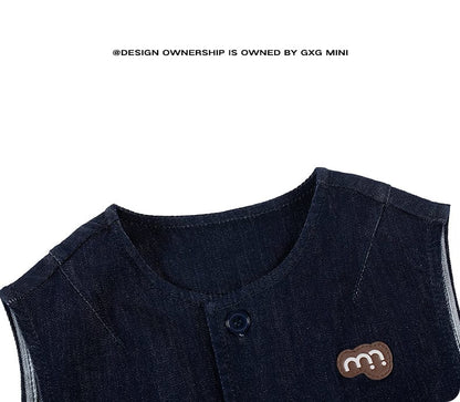 ベスト ベスト デニム素材 ノーカラー ボタン留め ゆったり アウター【mh0011322】