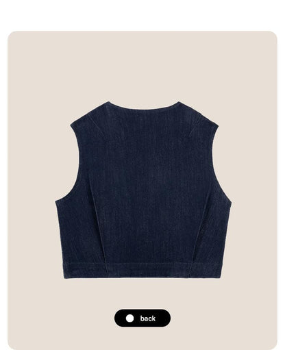 ベスト ベスト デニム素材 ノーカラー ボタン留め ゆったり アウター【mh0011322】