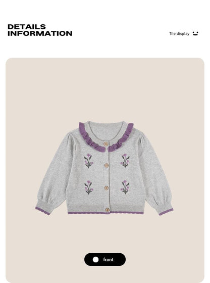 カーディガン・パーカー 長袖カーディガン 綿素材 刺繍 クルーネック フリル 北欧風【mh0011325】