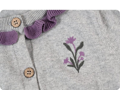 カーディガン・パーカー 長袖カーディガン 綿素材 刺繍 クルーネック フリル 北欧風【mh0011325】