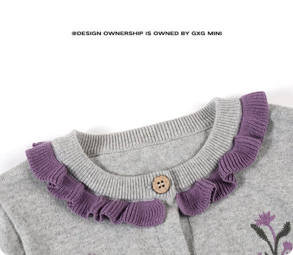 カーディガン・パーカー 長袖カーディガン 綿素材 刺繍 クルーネック フリル 北欧風【mh0011325】