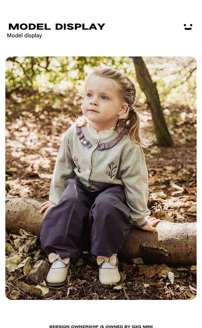 カーディガン・パーカー 長袖カーディガン 綿素材 刺繍 クルーネック フリル 北欧風【mh0011325】