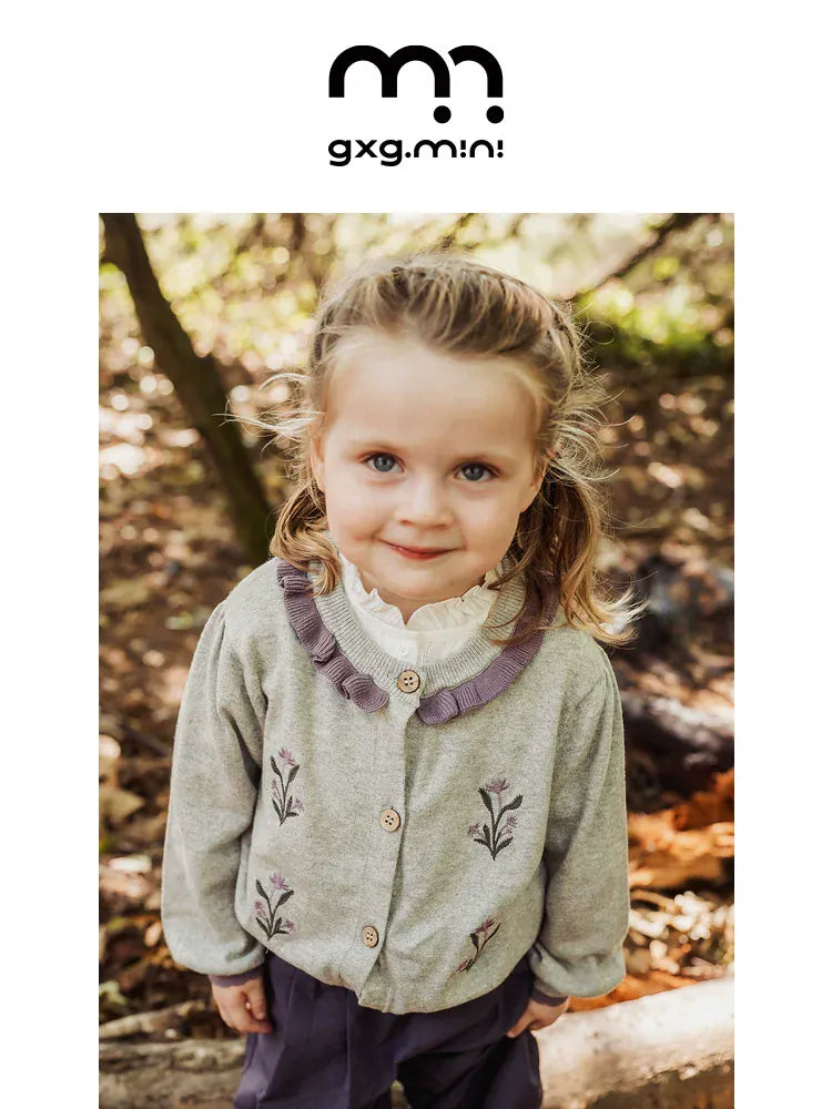 カーディガン・パーカー 長袖カーディガン 綿素材 刺繍 クルーネック フリル 北欧風【mh0011325】