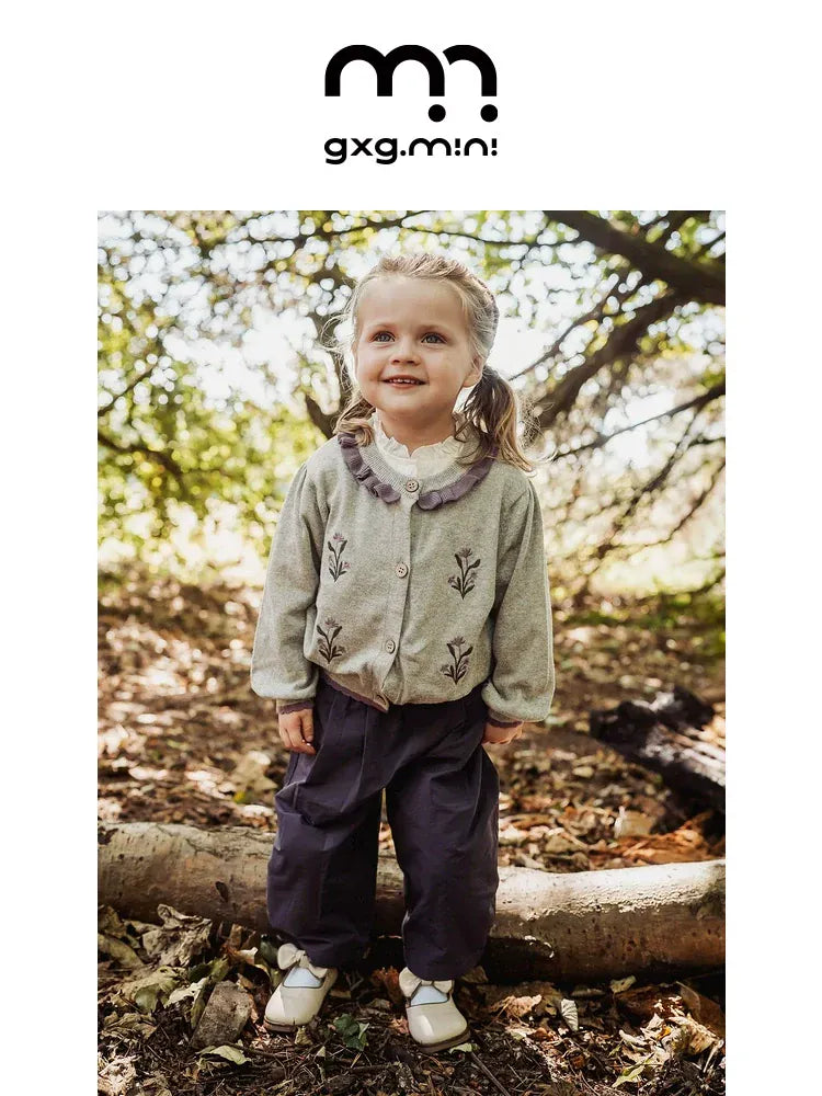 カーディガン・パーカー 長袖カーディガン 綿素材 刺繍 クルーネック フリル 北欧風【mh0011325】