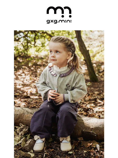 カーディガン・パーカー 長袖カーディガン 綿素材 刺繍 クルーネック フリル 北欧風【mh0011325】