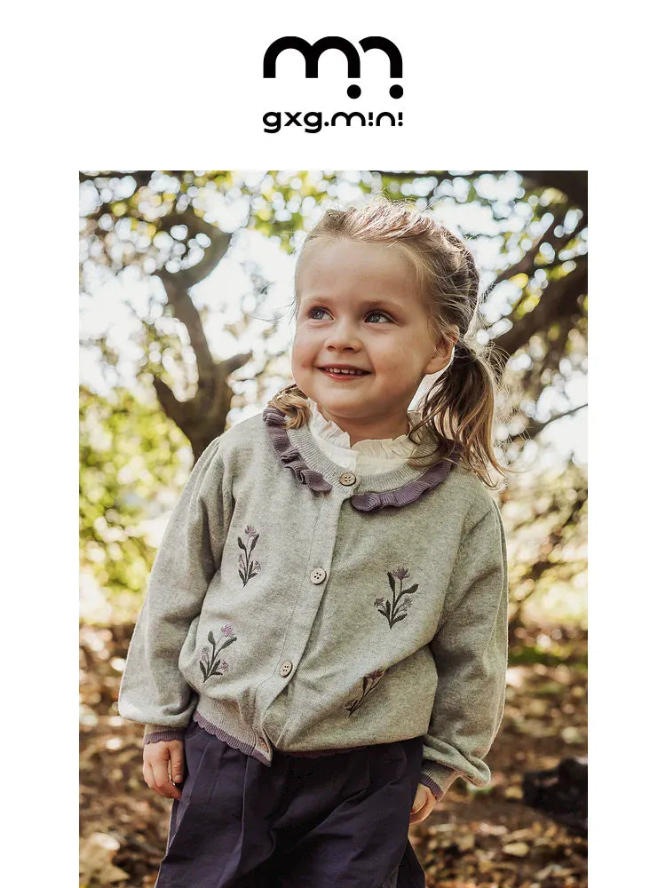 カーディガン・パーカー 長袖カーディガン 綿素材 刺繍 クルーネック フリル 北欧風【mh0011325】