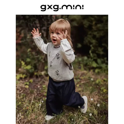 ベスト ニットベスト 刺繍デザイン 綿素材 クルーネック プルオーバー【mh0011331】