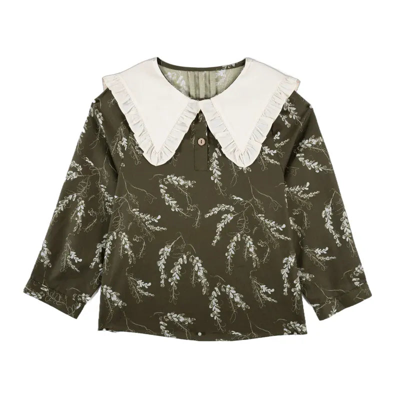 長袖シャツ・ブラウス Moss Green / 90cm 長袖Tシャツ ビッグカラー 綿100% 北欧風 プリント ブラウス風【mh0011306】