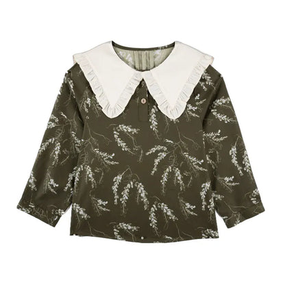 長袖シャツ・ブラウス Moss Green / 90cm 長袖Tシャツ ビッグカラー 綿100% 北欧風 プリント ブラウス風【mh0011306】