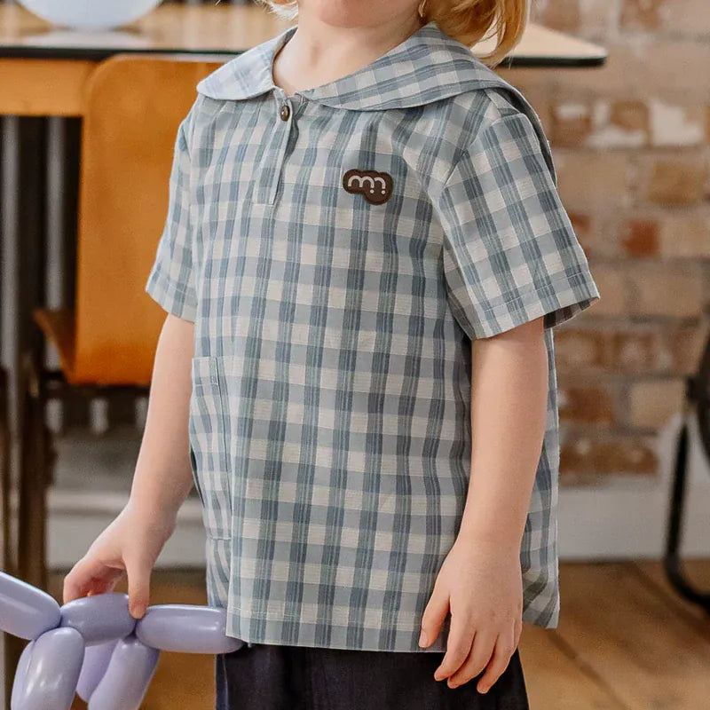 半袖シャツ・ブラウス navy collar plaid top【mh0009513】