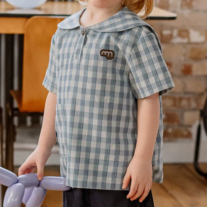 半袖シャツ・ブラウス navy collar plaid top【mh0009513】