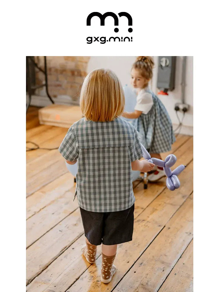 半袖シャツ・ブラウス navy collar plaid top【mh0009513】