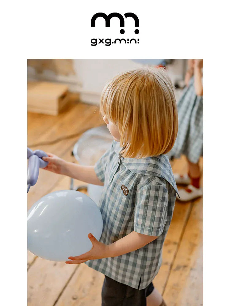 半袖シャツ・ブラウス navy collar plaid top【mh0009513】