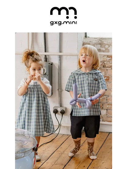 半袖シャツ・ブラウス navy collar plaid top【mh0009513】