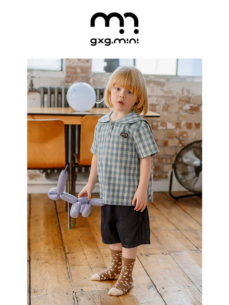 半袖シャツ・ブラウス navy collar plaid top【mh0009513】