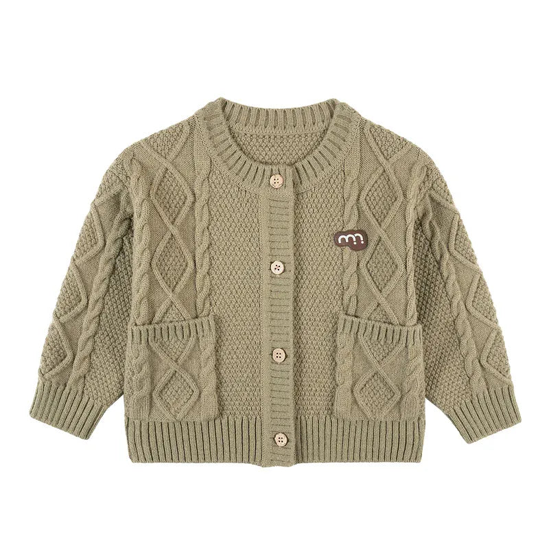 カーディガン・パーカー Olive / 90cm 長袖カーディガン ウール混紡 ケーブル編み クルーネック ボタン【mh0011315】