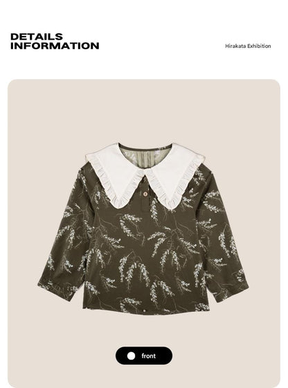 長袖シャツ・ブラウス 長袖Tシャツ ビッグカラー 綿100% 北欧風 プリント ブラウス風【mh0011306】