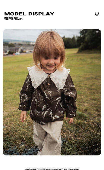 長袖シャツ・ブラウス 長袖Tシャツ ビッグカラー 綿100% 北欧風 プリント ブラウス風【mh0011306】