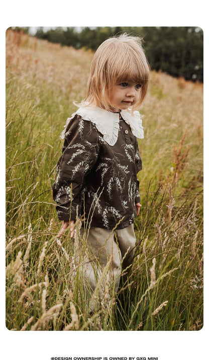 長袖シャツ・ブラウス 長袖Tシャツ ビッグカラー 綿100% 北欧風 プリント ブラウス風【mh0011306】