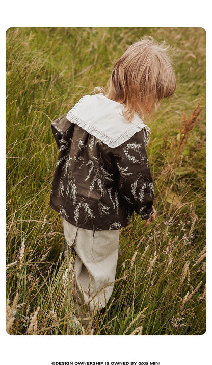 長袖シャツ・ブラウス 長袖Tシャツ ビッグカラー 綿100% 北欧風 プリント ブラウス風【mh0011306】