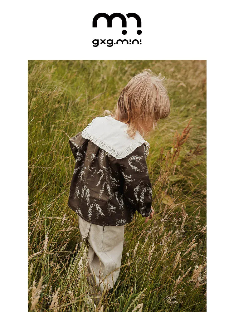 長袖シャツ・ブラウス 長袖Tシャツ ビッグカラー 綿100% 北欧風 プリント ブラウス風【mh0011306】