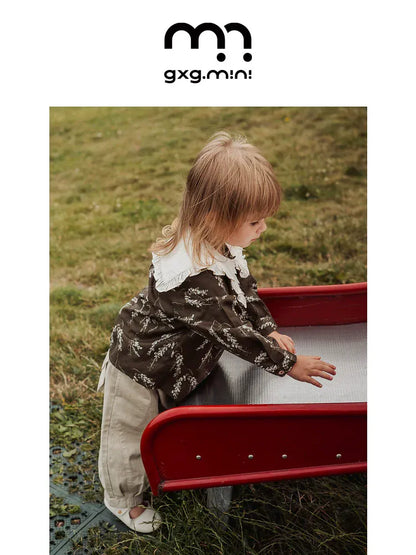 長袖シャツ・ブラウス 長袖Tシャツ ビッグカラー 綿100% 北欧風 プリント ブラウス風【mh0011306】