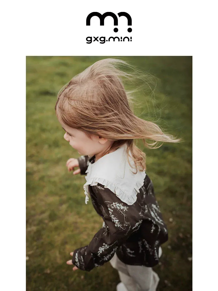 長袖シャツ・ブラウス 長袖Tシャツ ビッグカラー 綿100% 北欧風 プリント ブラウス風【mh0011306】