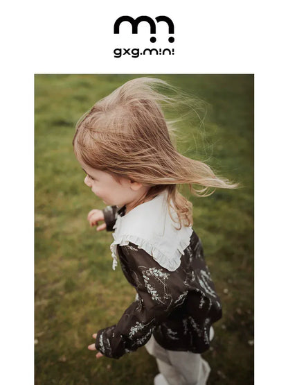 長袖シャツ・ブラウス 長袖Tシャツ ビッグカラー 綿100% 北欧風 プリント ブラウス風【mh0011306】