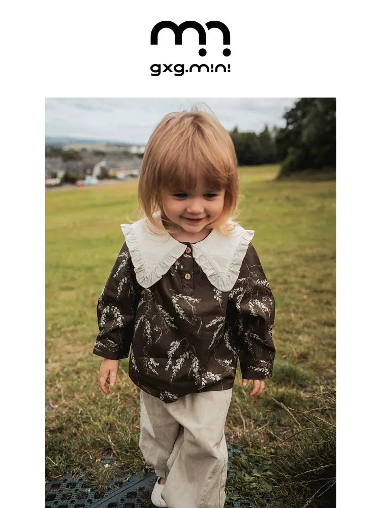 長袖シャツ・ブラウス 長袖Tシャツ ビッグカラー 綿100% 北欧風 プリント ブラウス風【mh0011306】