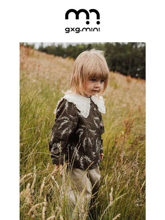 長袖シャツ・ブラウス 長袖Tシャツ ビッグカラー 綿100% 北欧風 プリント ブラウス風【mh0011306】