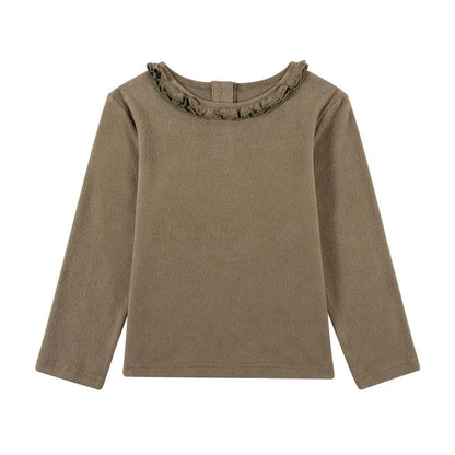 長袖Tシャツ Olive / 90cm 長袖Tシャツ フリル襟 丸首 無地 カットソー ブラウス風【mh0011311】