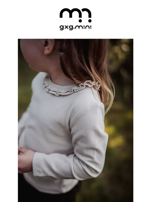 長袖Tシャツ 長袖Tシャツ フリル襟 丸首 無地 カットソー ブラウス風【mh0011311】