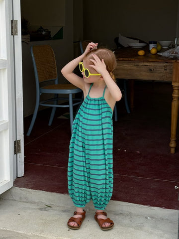 Halter Neck Striped Knitted Jumpsuit ボーダー ホルターネックサロペット【mh0012815】 Green / 90cm Chengle サロペットパンツ・サスペンダーパンツ