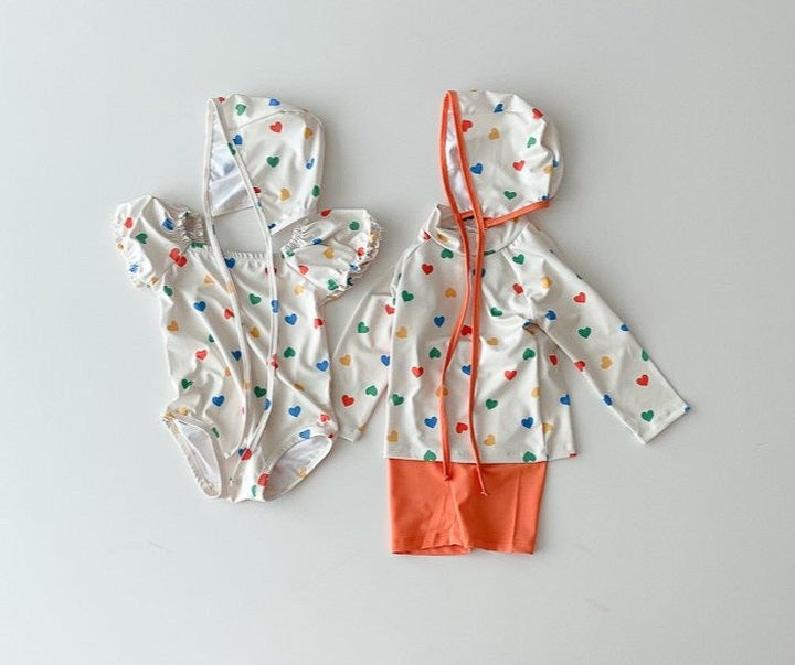 Heart Print Puff Sleeve Swimsuit ハートプリントパフスリーブ水着【mh0012435】 BBAMMA ベビー用水着