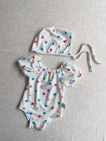 Heart Print Puff Sleeve Swimsuit ハートプリントパフスリーブ水着【mh0012435】 BBAMMA ベビー用水着