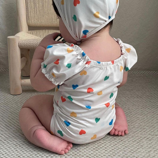 Heart Print Puff Sleeve Swimsuit ハートプリントパフスリーブ水着【mh0012435】 mamahalo shop