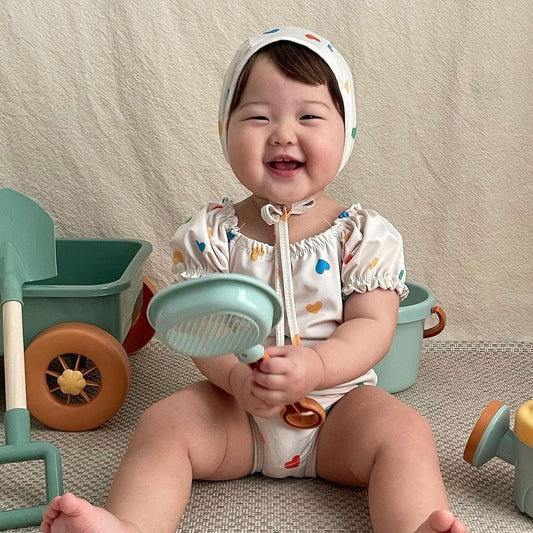 Heart Print Puff Sleeve Swimsuit ハートプリントパフスリーブ水着【mh0012435】 mamahalo shop