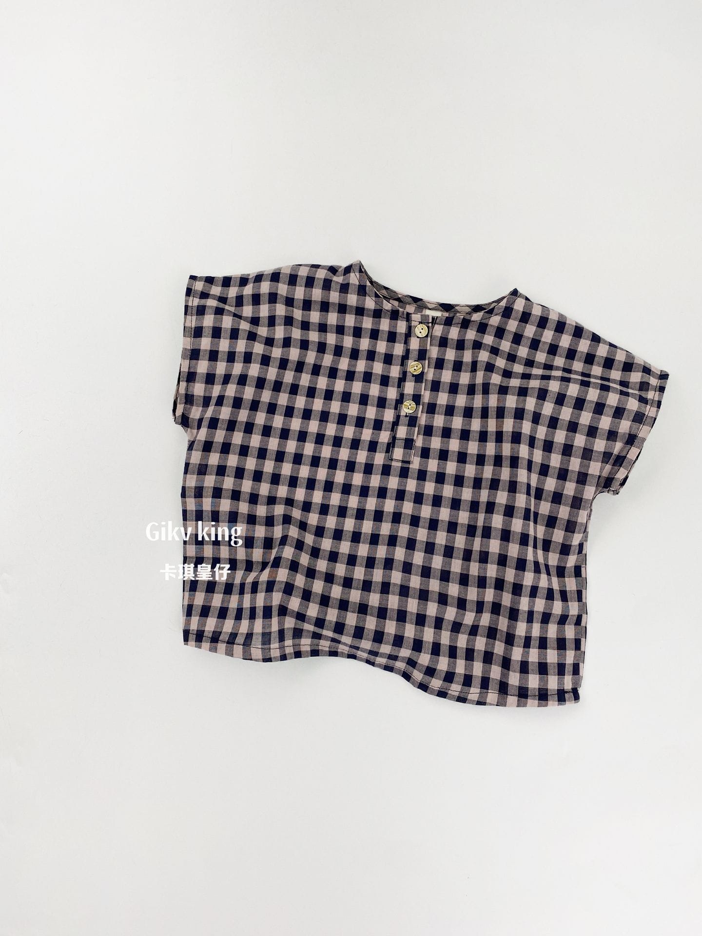 Henley Neckline Dropped Shoulder Shirt ギンガムチェック フレンチスリーブブラウス【mh0012831】 Gikv king 半袖シャツ・ブラウス