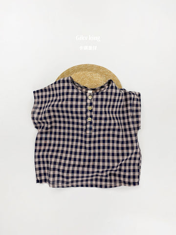 Henley Neckline Dropped Shoulder Shirt ギンガムチェック フレンチスリーブブラウス【mh0012831】 Gikv king 半袖シャツ・ブラウス