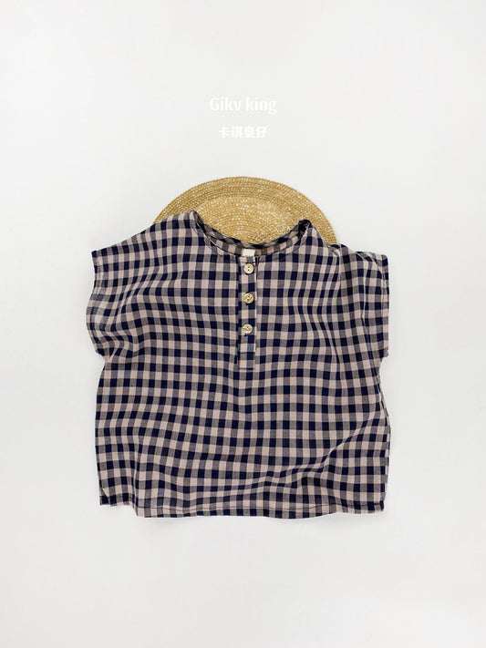 Henley Neckline Dropped Shoulder Shirt ギンガムチェック フレンチスリーブブラウス【mh0012831】 Gikv king 半袖シャツ・ブラウス