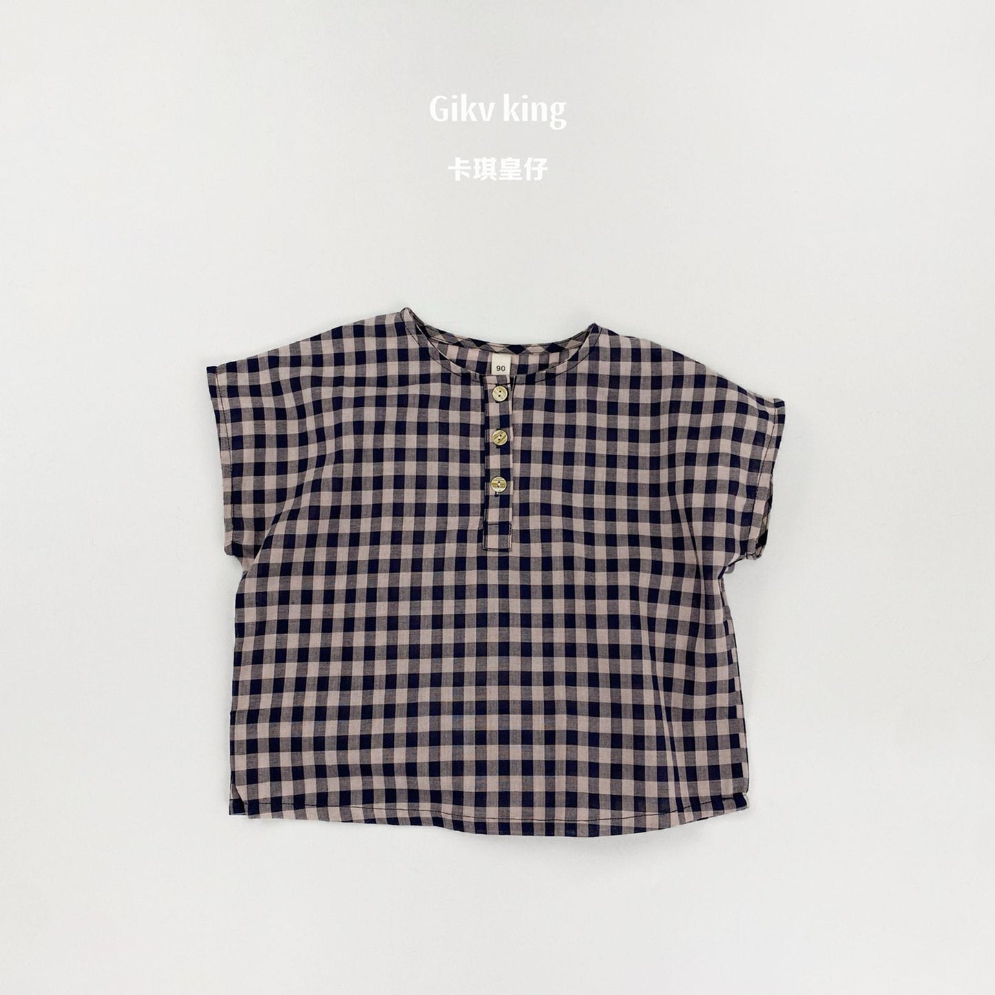 Henley Neckline Dropped Shoulder Shirt ギンガムチェック フレンチスリーブブラウス【mh0012831】 Navy Blue / 80cm Gikv king 半袖シャツ・ブラウス