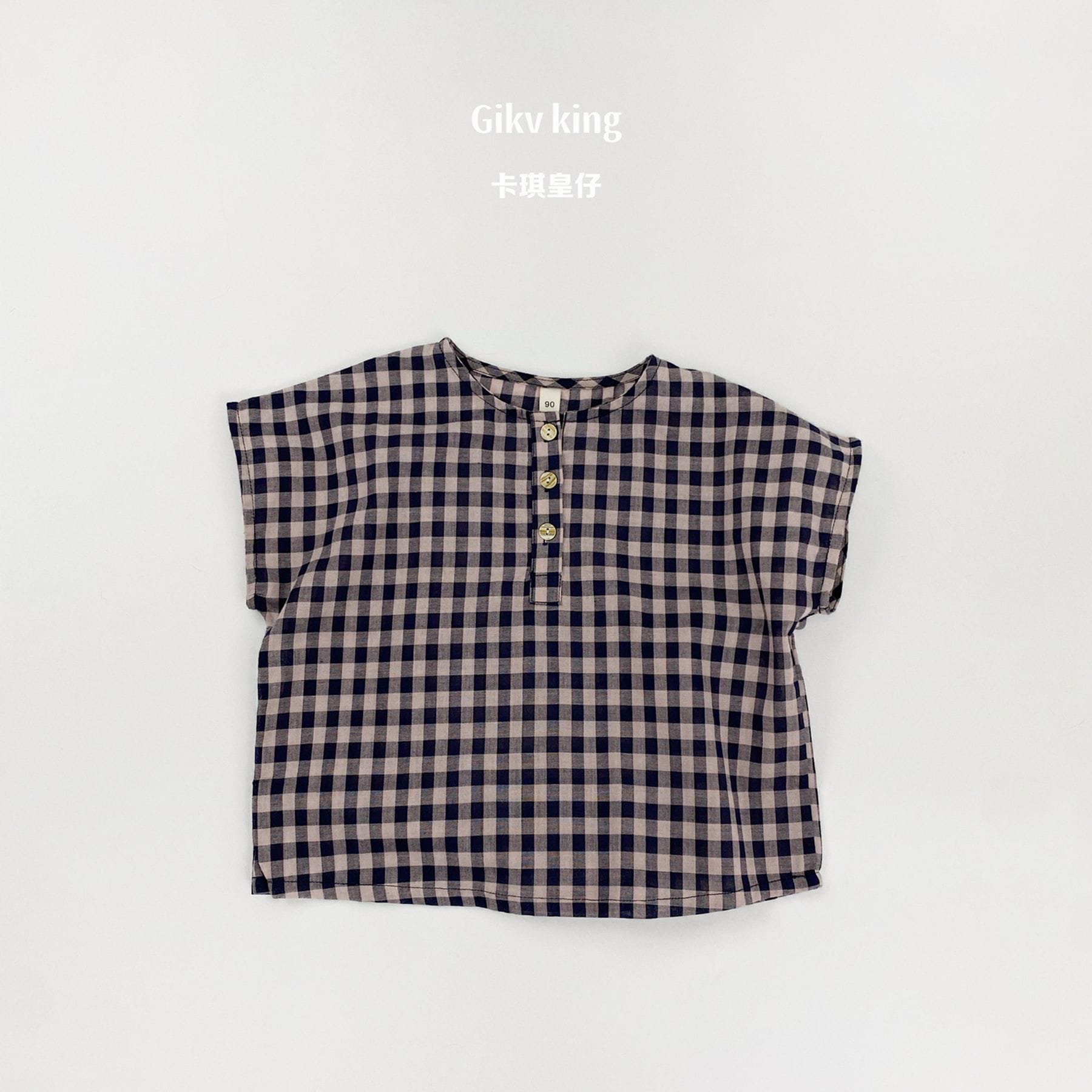 Henley Neckline Dropped Shoulder Shirt ギンガムチェック フレンチスリーブブラウス【mh0012831】 Navy Blue / 80cm Gikv king 半袖シャツ・ブラウス