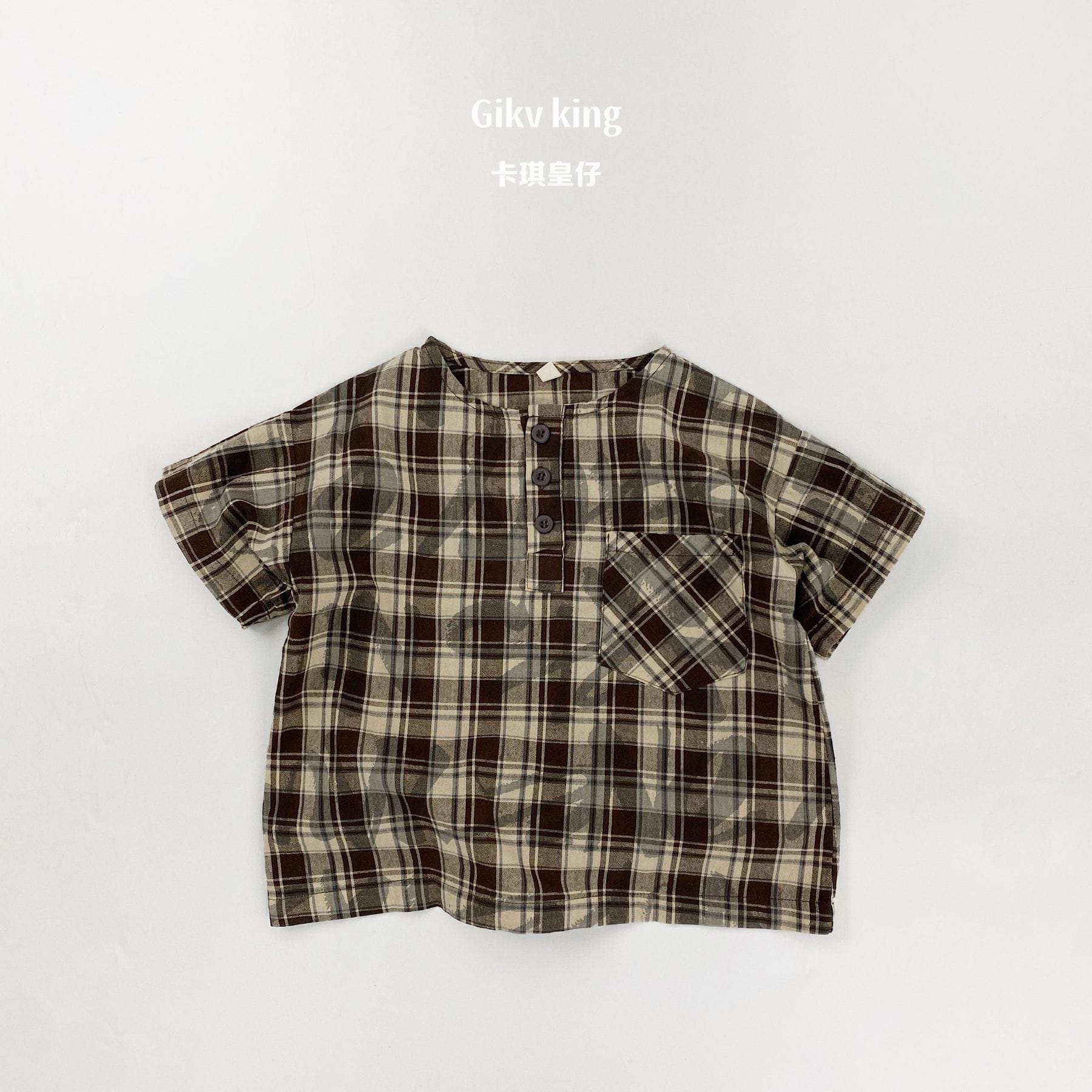 Henley Neckline Pocket Top タータンチェック 半袖シャツ【mh0012832】 Coffee / 80cm Gikv king 半袖シャツ・ブラウス
