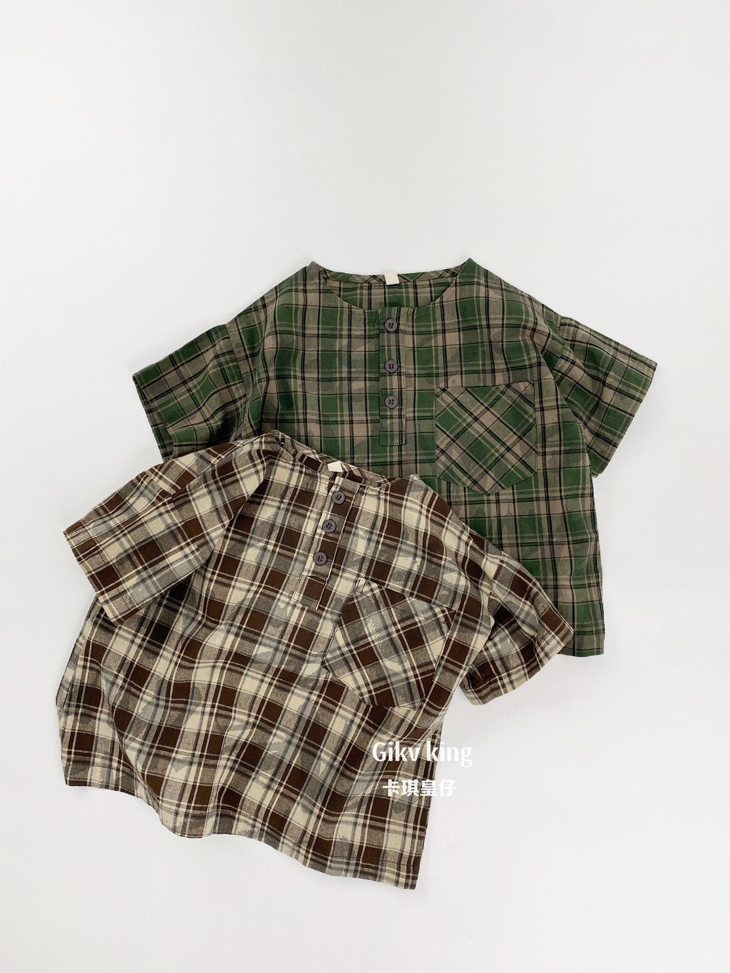 Henley Neckline Pocket Top タータンチェック 半袖シャツ【mh0012832】 Gikv king 半袖シャツ・ブラウス