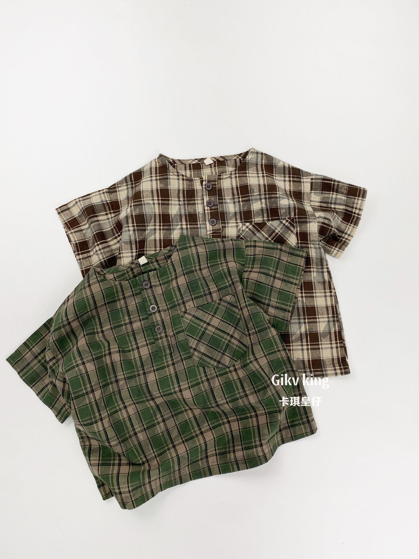 Henley Neckline Pocket Top タータンチェック 半袖シャツ【mh0012832】 Gikv king 半袖シャツ・ブラウス